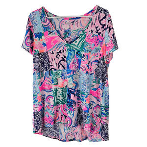 Top Lilly Pulitzer v neck short sleeve high lo multi color patchwork print Large